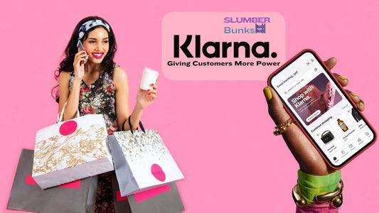 Image of a woman carrying shopping bags, pink background "Klarna Payment Options"