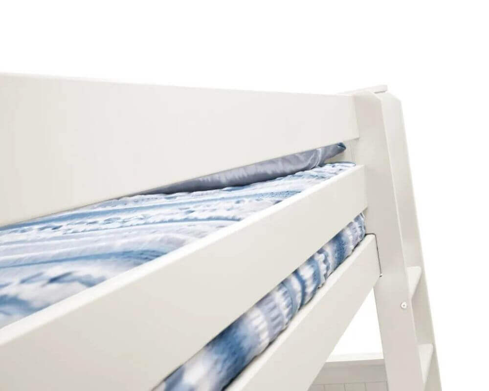 Top view corner of a bunk bed guard rail with white background - Surf White