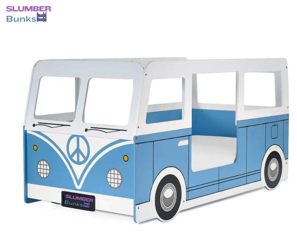 Front Side View Light Blue and White Campervan Single Bed - White Background