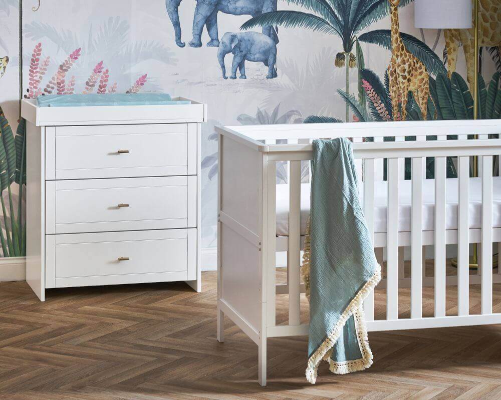 Obaby White Evie Cot Bed 2 Piece Set - Bedroom View