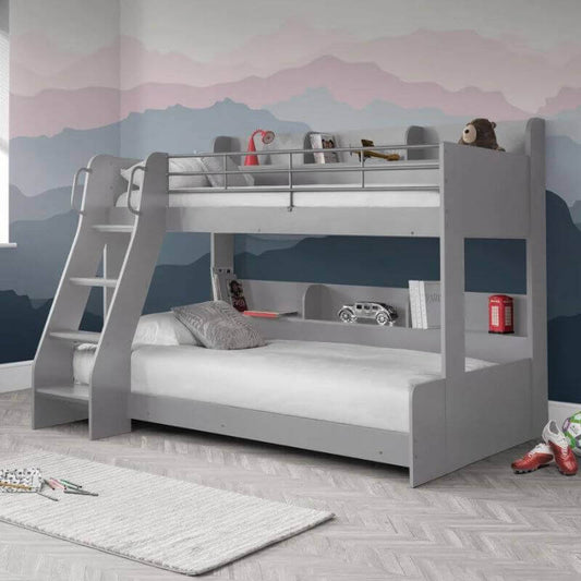 Julian Bowen Domino Triple Sleeper Bunk Beds - Light Grey - Front Side View - With Background