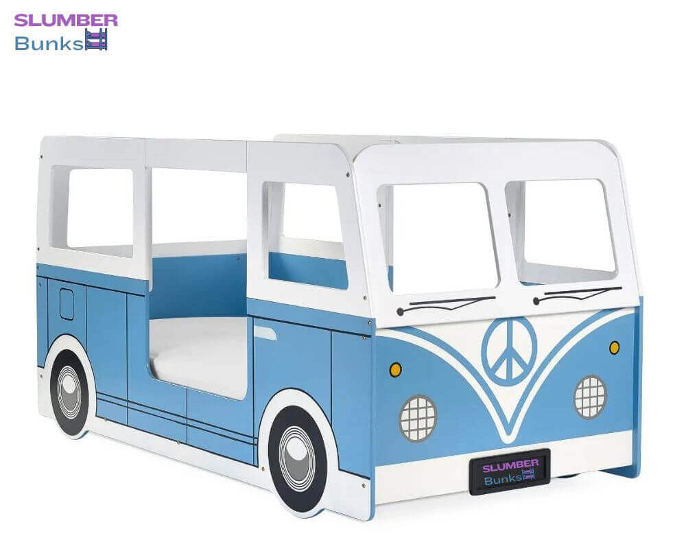 Front Side View Light Blue and White Campervan Single Bed - White Background