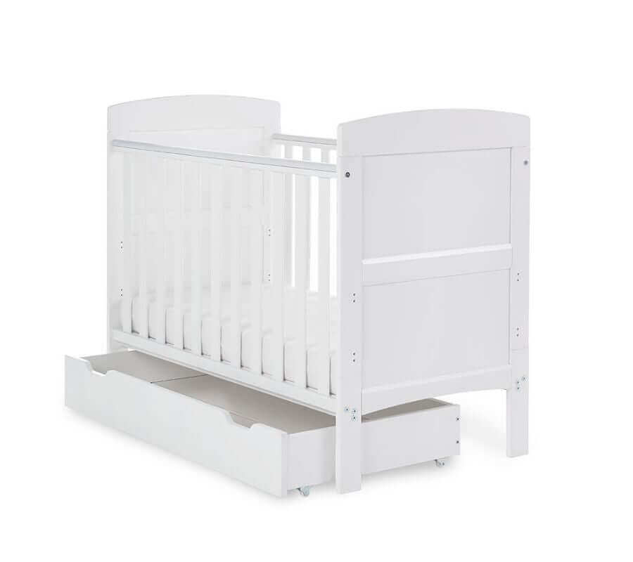 Obaby Grace Mini Cot Bed, Under Drawer + Fibre Mattress - White Background