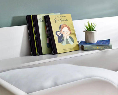 Front view of top bed corner showing books - white bunk bed