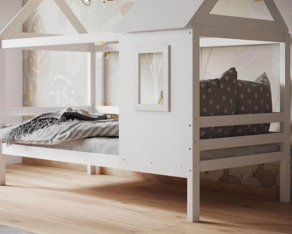 Front side view of a white treehouse bed - Bedroom setting