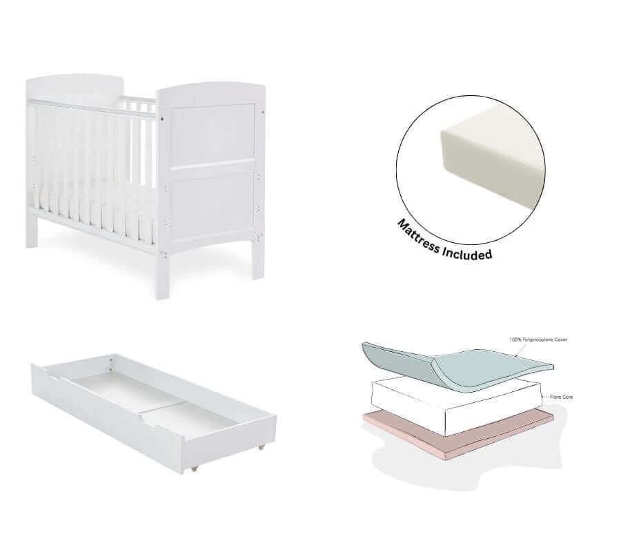 Obaby Grace Mini Cot Bed, Under Drawer + Fibre Mattress - White Background