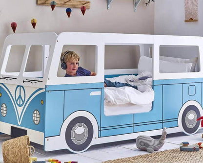 Side View Light Blue and White Campervan Single Bed - Bedroom Setting