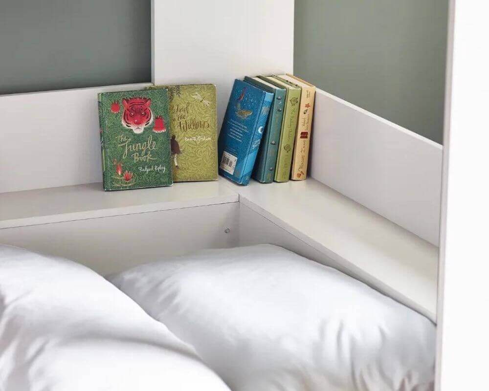 Front view of top bed corner showing books - white bunk bed