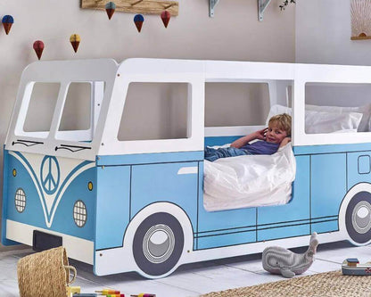 Side View Light Blue and White Campervan Single Bed - Bedroom Setting