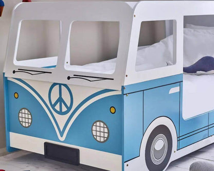 Front View Light Blue and White Campervan Single Bed - Bedroom Setting