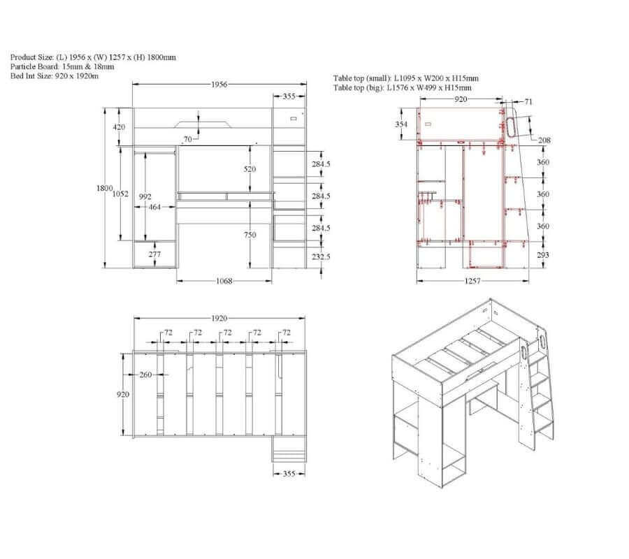 Flair Coco High Sleeper Workstation with Wardrobe - Size & Dimentions