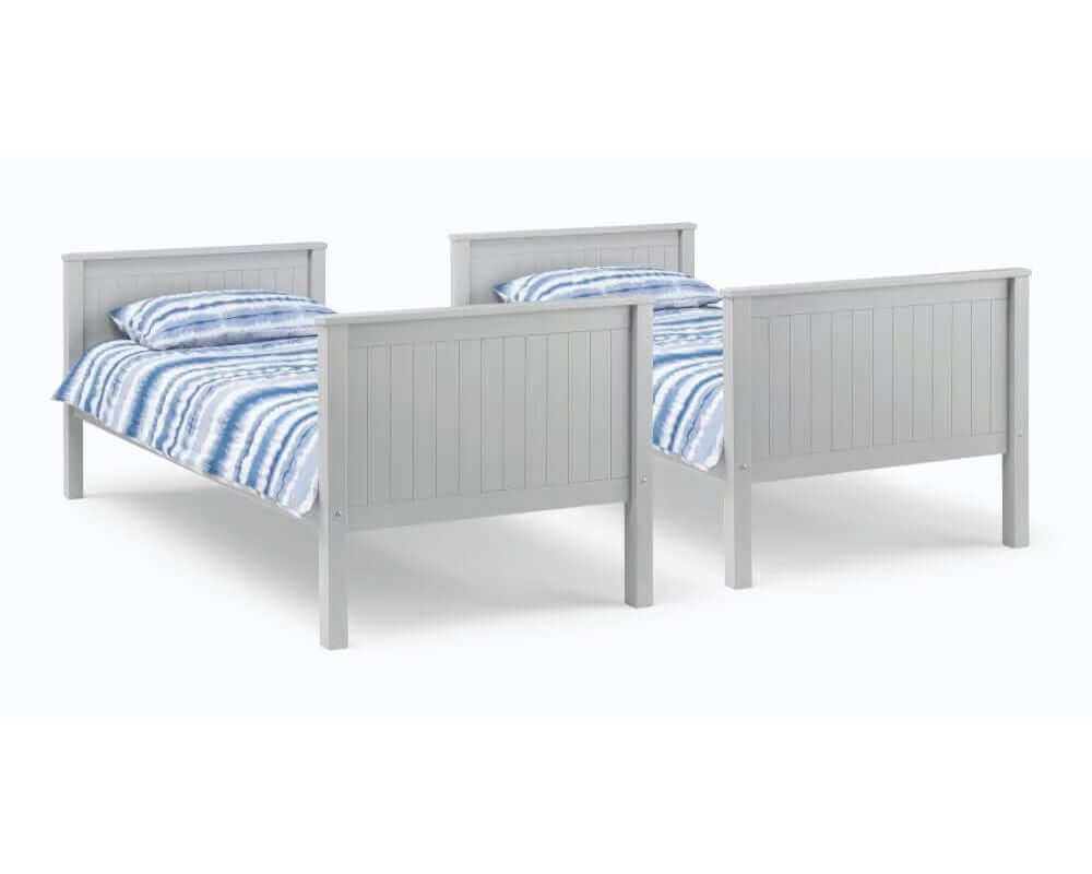 View of dove grey bunk beds parted into two single beds side by side - White background