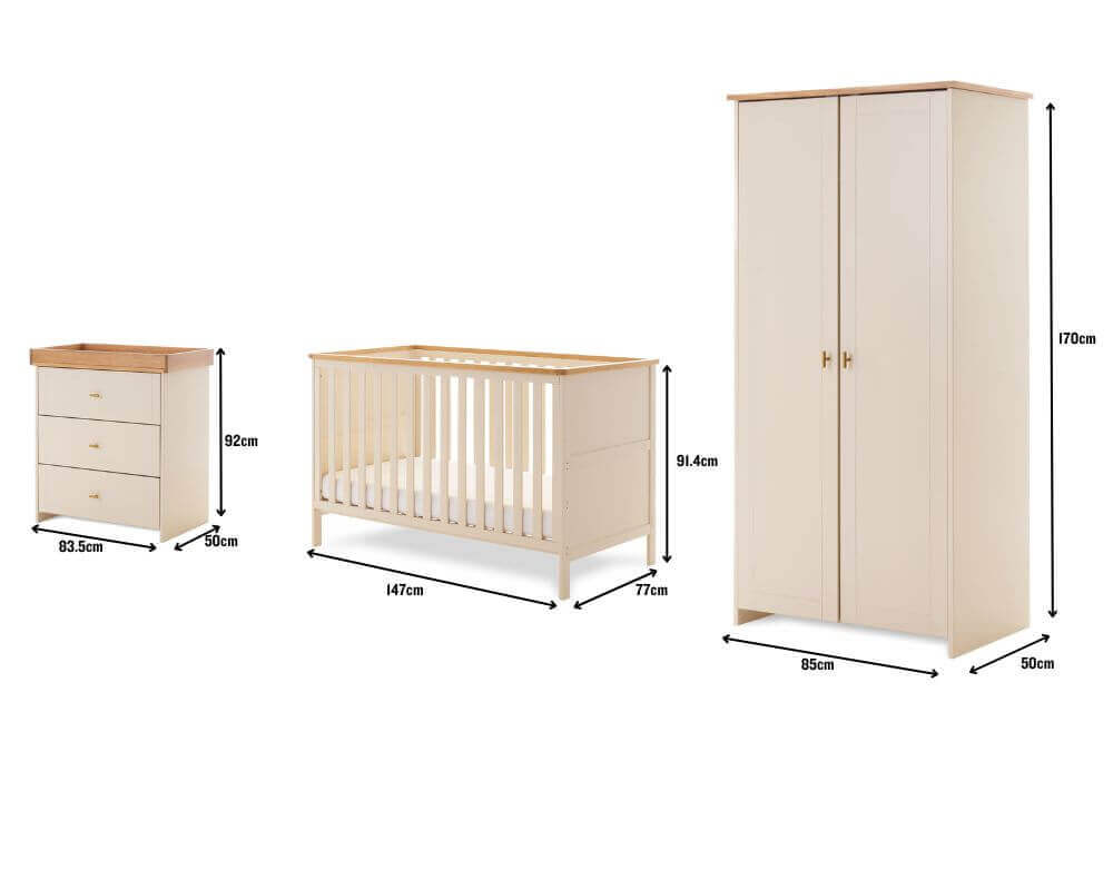 Obaby Cashmere Cot Bed 3 Piece Nursery Bedroom Set Dimentions - White Background