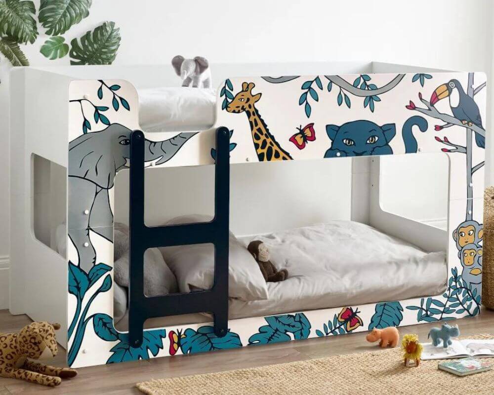 Safari White Animal Graphic Kids Wooden Bunk Bed Frame - 3ft Single