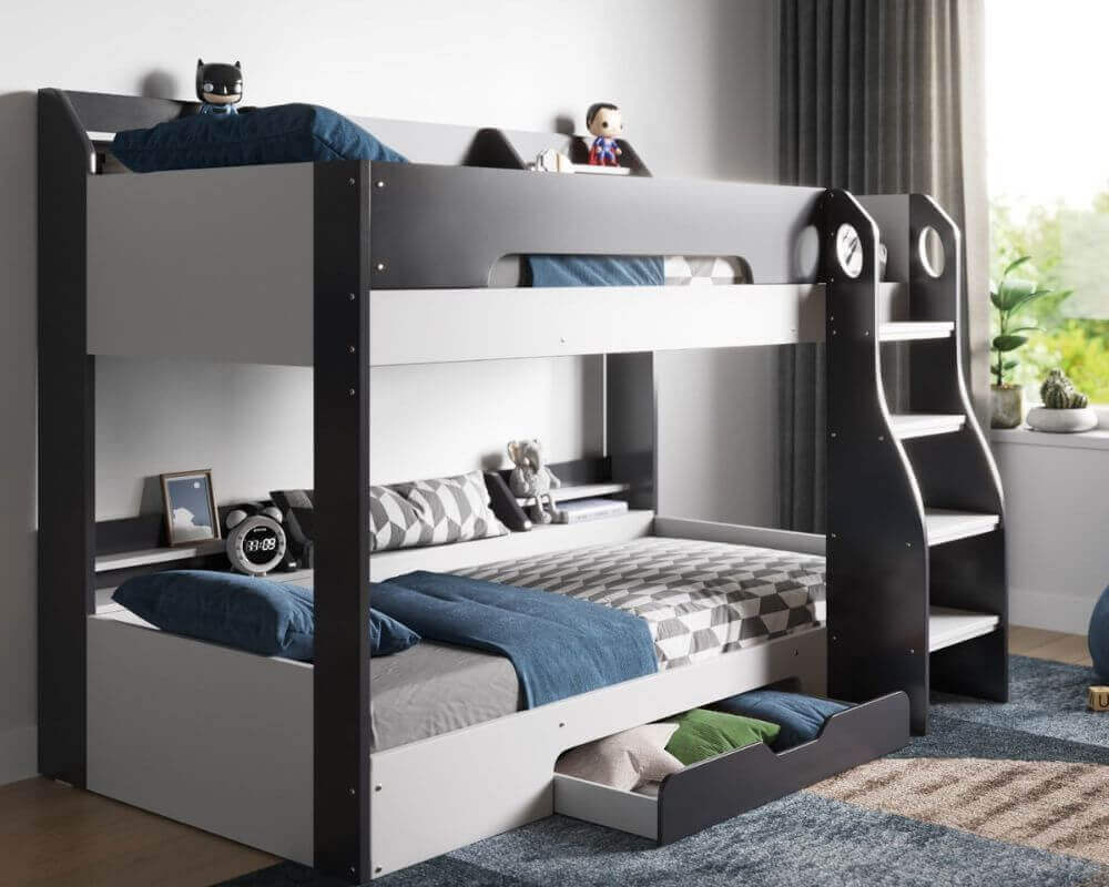 Flair Flick Bunk Beds - Grey Bunk Bed - Front Side View - Bedroom Setting