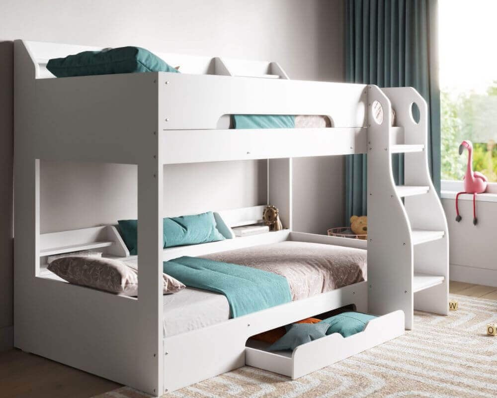 Flair Flick Bunk Beds - White Bunk Bed - Front Side View - Bedroom Setting