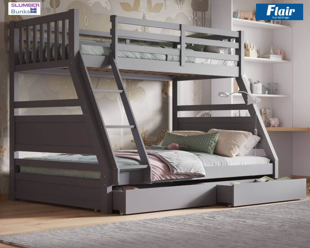 Flair Ollie Triple Bunk Bed - Grey - Front Side View - Bedroom Setting