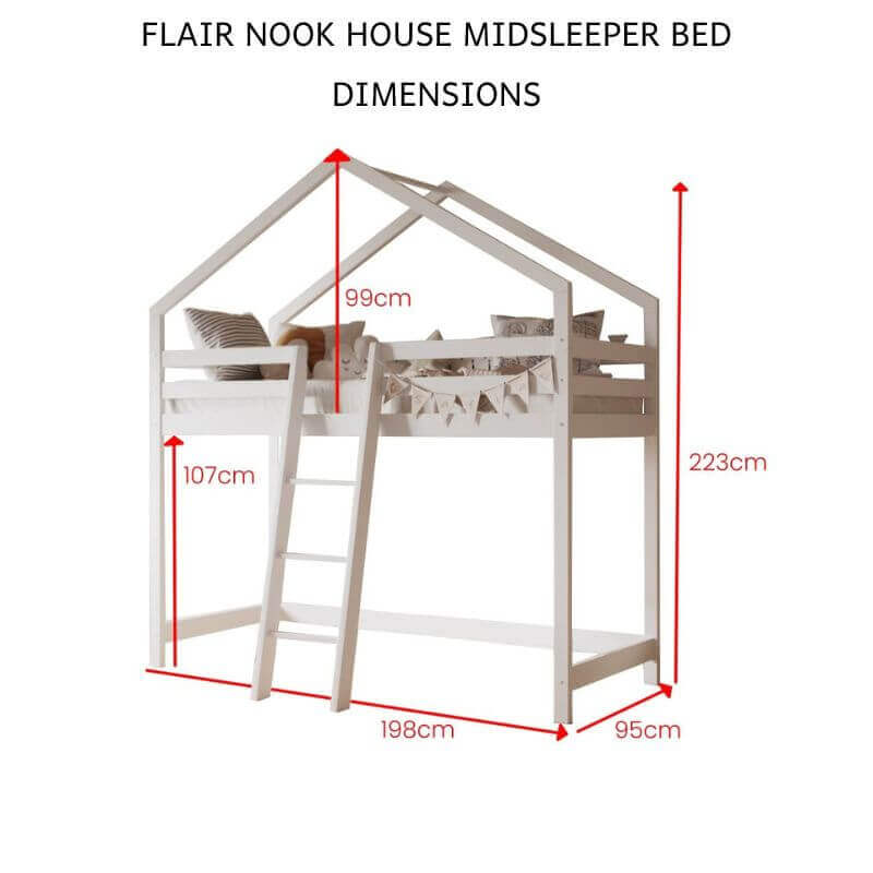 Nook House Mid-sleeper Wooden Bed Size Dimensions View - White Background