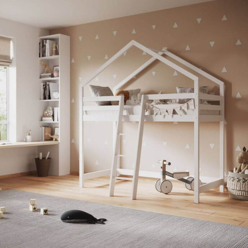 White Nook House Mid-sleeper Wooden Bed - Bedroom Setting