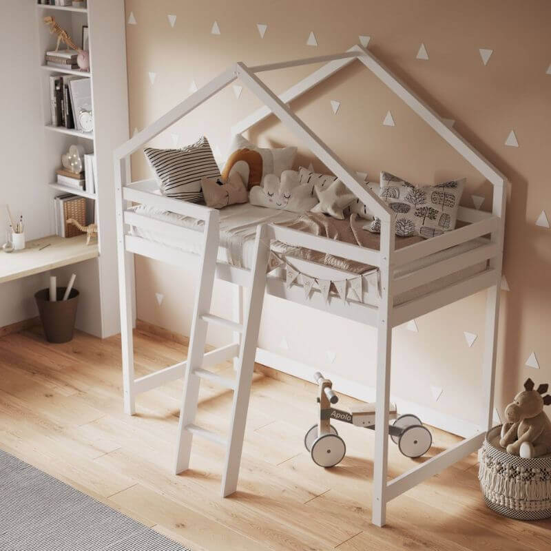 White Nook House Mid-sleeper Wooden Bed High View - Bedroom Setting