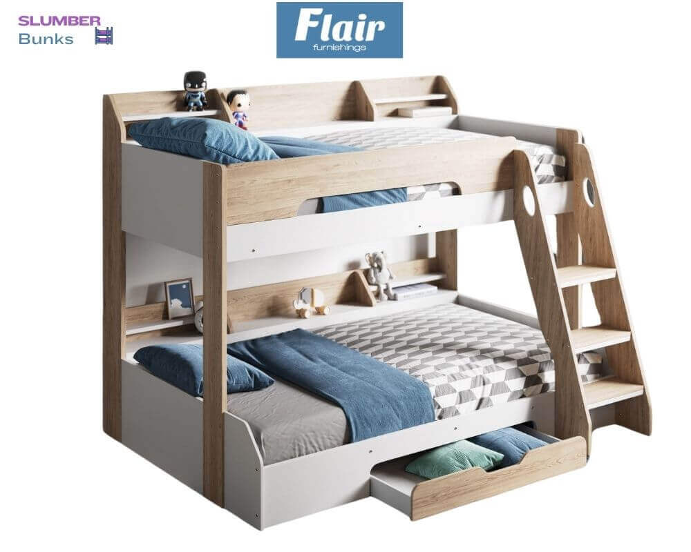 Flair Furnishings - Flick Triple-sleep Bunk Beds - Oak - Front Side View - White Background