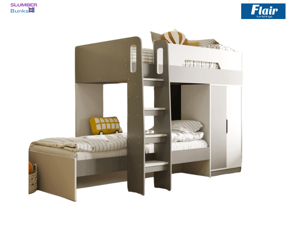 Flair Benito Bunk Bed With Wardrobe - White/Grey - Side Front View - White Background