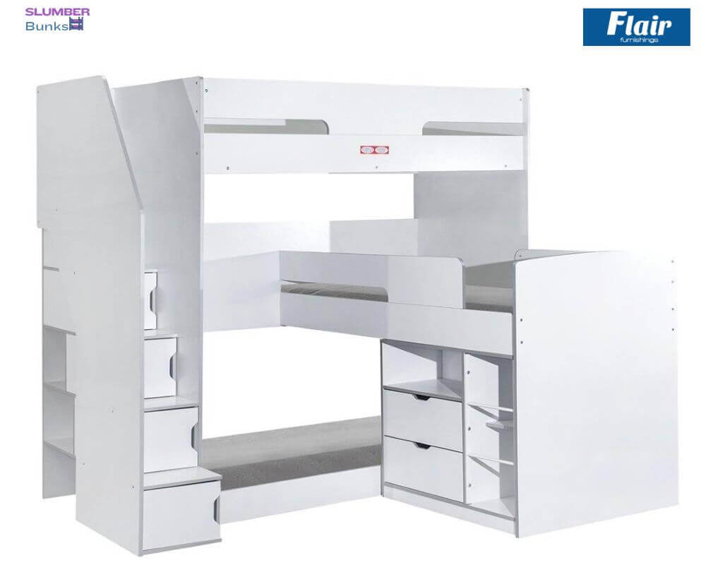 Flair Oscar Staircase Triple Bunk Bed White With Storage - Front Side View - White Background