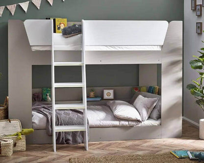 Front view of a light grey and white bunk bed - bedroom setting