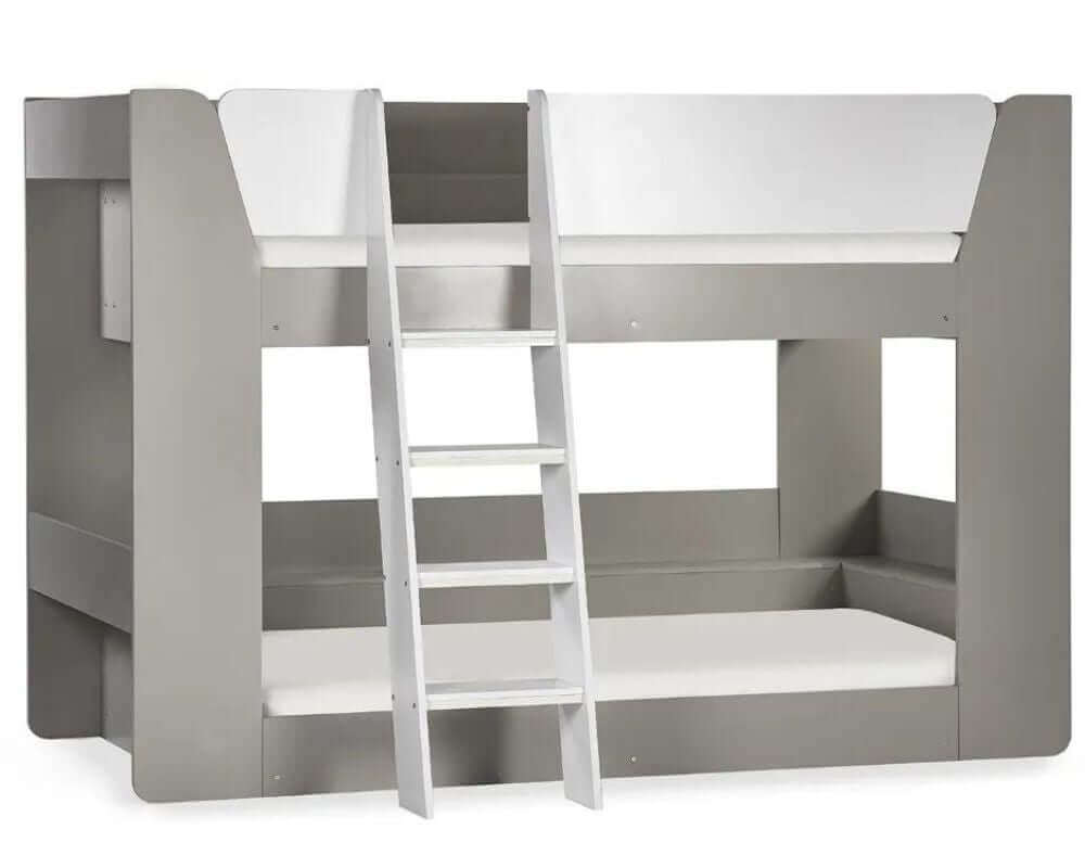 Front side view of a light grey and white bunk bed - White Background