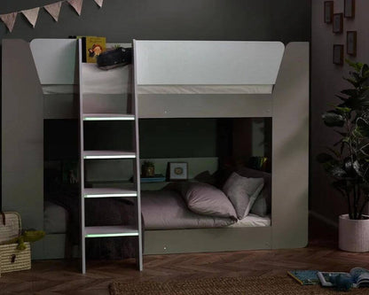 Front view of a light grey and white bunk bed - Dark bedroom setting