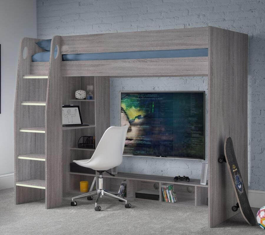 Julian Bowen - Nebula Gaming High-Sleeper Bed - Grey Oak Bed - Front View - Bedroom Setting