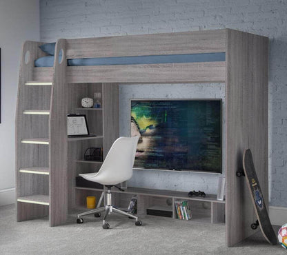 Julian Bowen - Nebula Gaming High-Sleeper Bed - Grey Oak Bed - Front View - Bedroom Setting