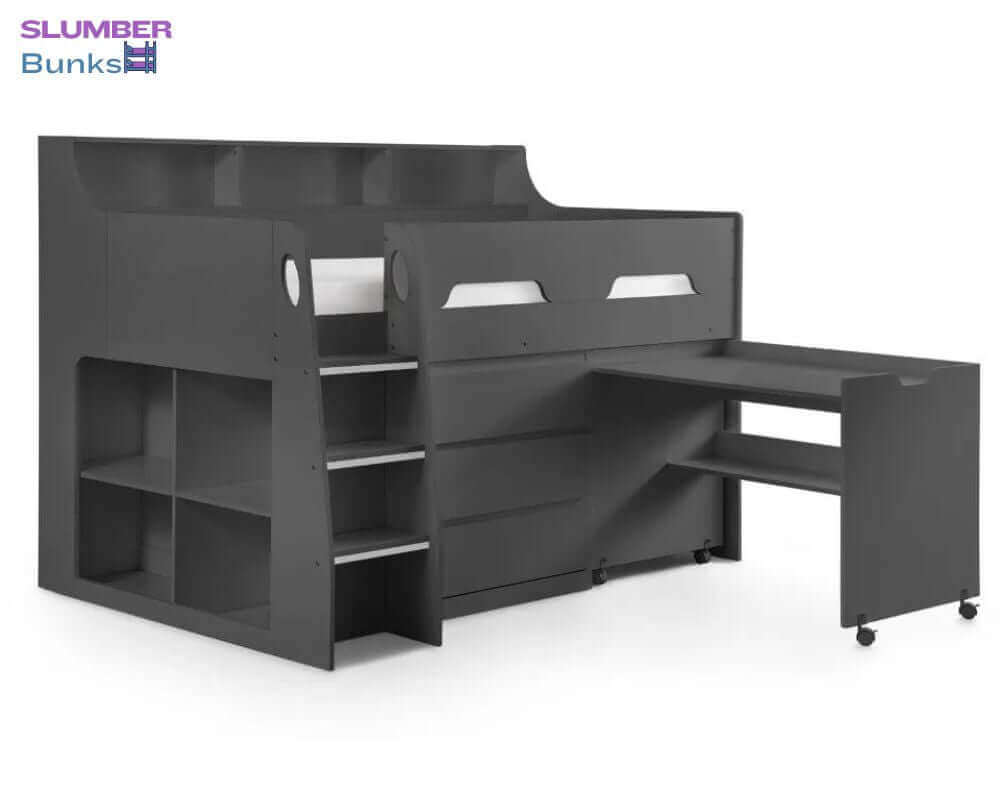 Image of dark grey cabin bed with table pulled out - white background