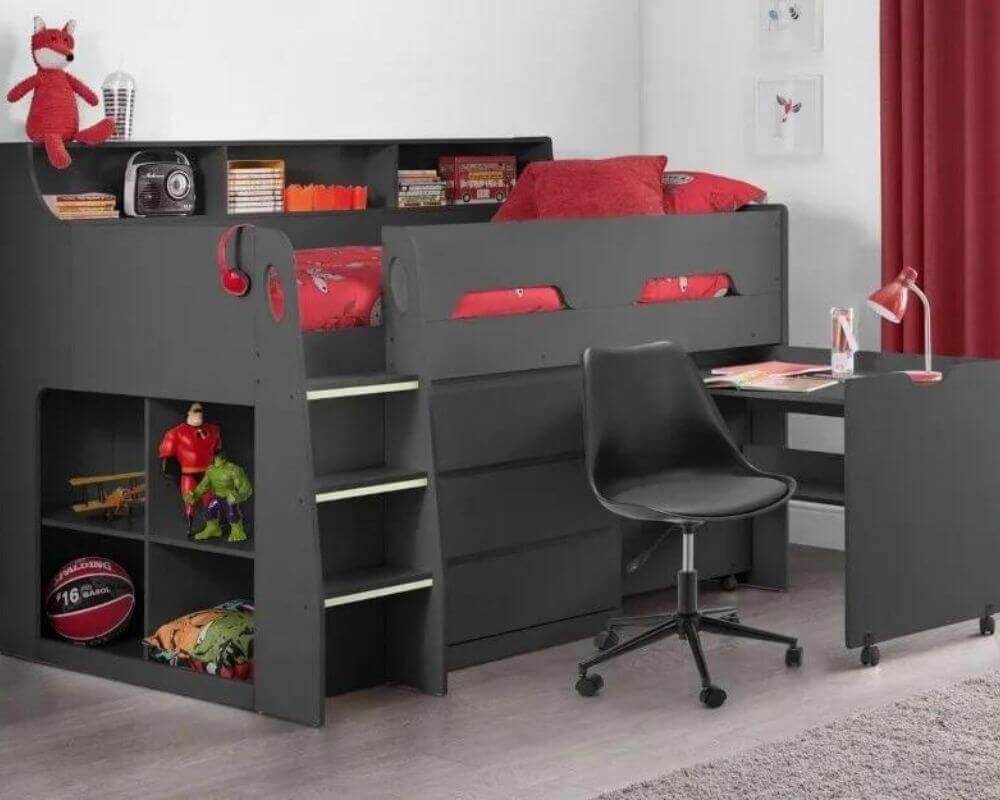 Image of dark grey cabin bed with table pulled out - Bedroom Setting