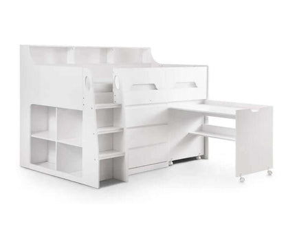 Image of white cabin bed with table pulled out - white background