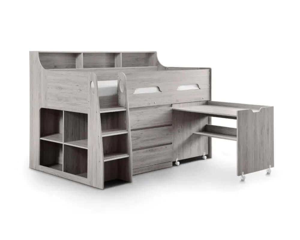 Image of grey oak cabin bed with table pulled out - white background