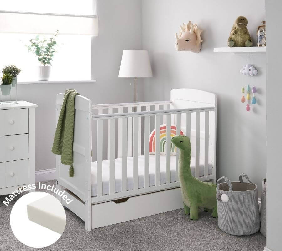 Obaby Grace Mini Cot Bed, Under Drawer + Fibre Mattress - Bedroom View