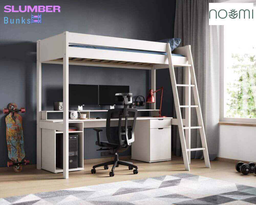 Front side view image of a white high sleeper gaming bed - Bedroom setting