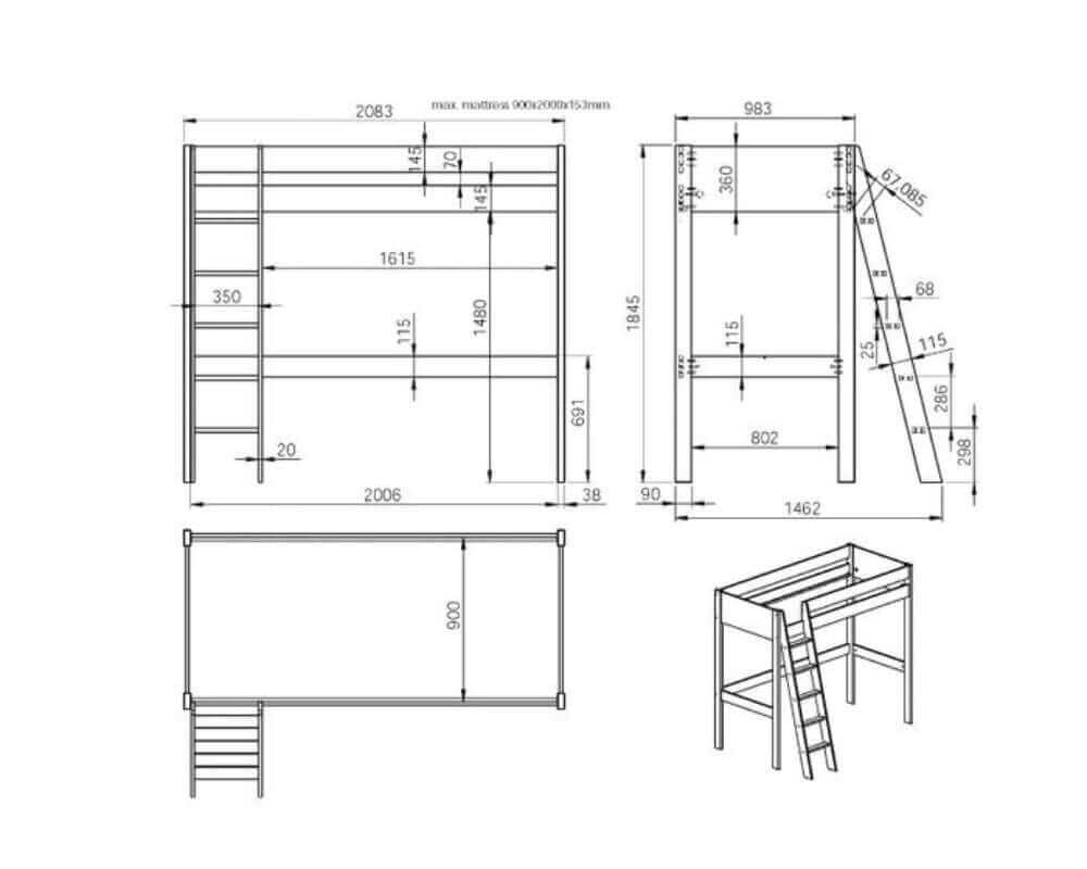 Size dimensions drawing for the high sleeper gaming bed