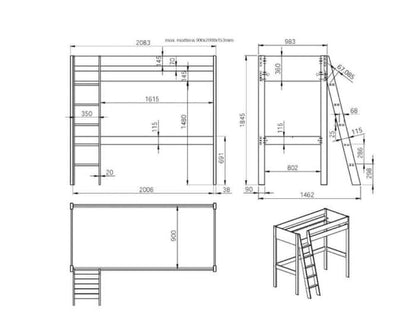 Size dimensions drawing for the high sleeper gaming bed