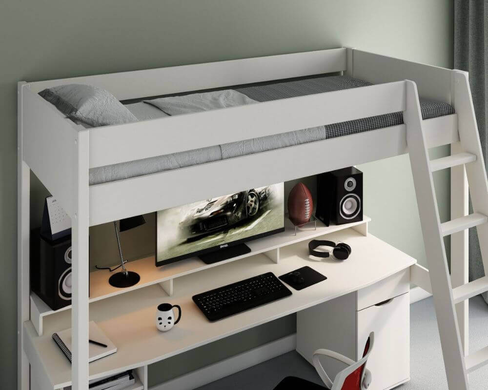 Top bed view image of a white high sleeper gaming bed - Bedroom setting