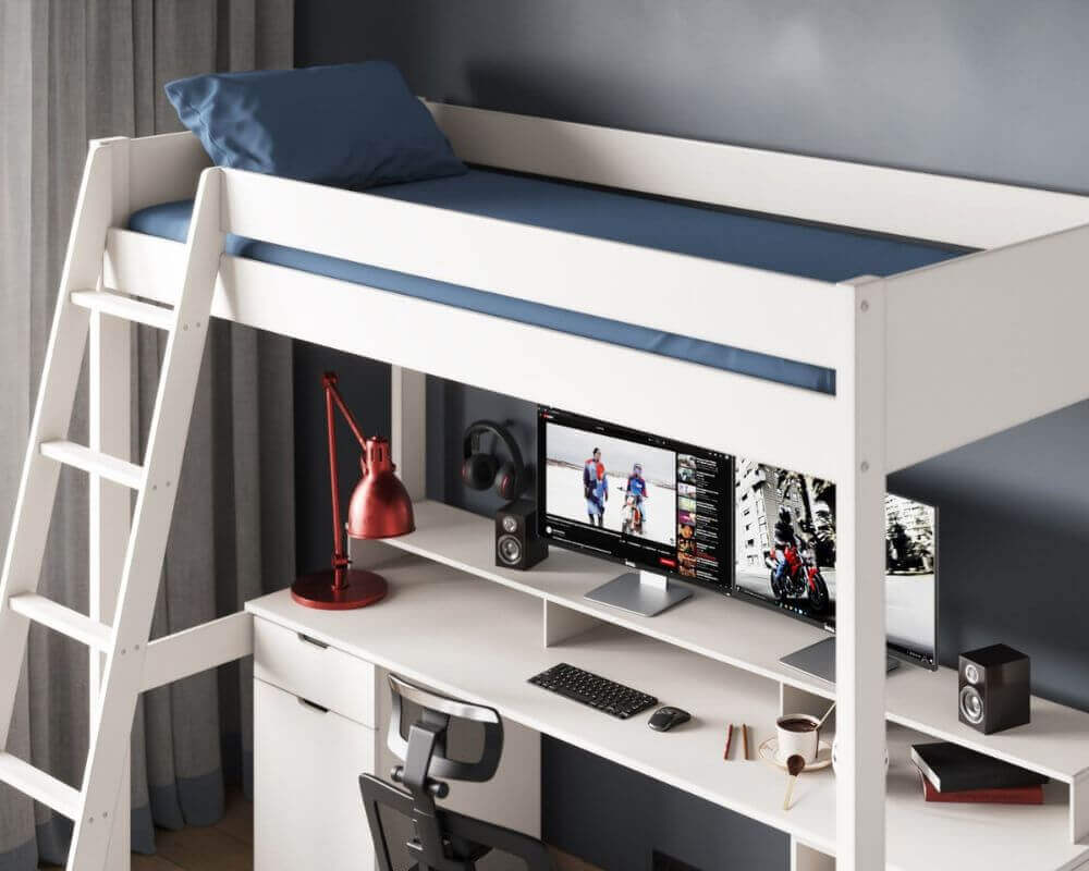  Front top view image of a white high sleeper gaming bed - Bedroom setting