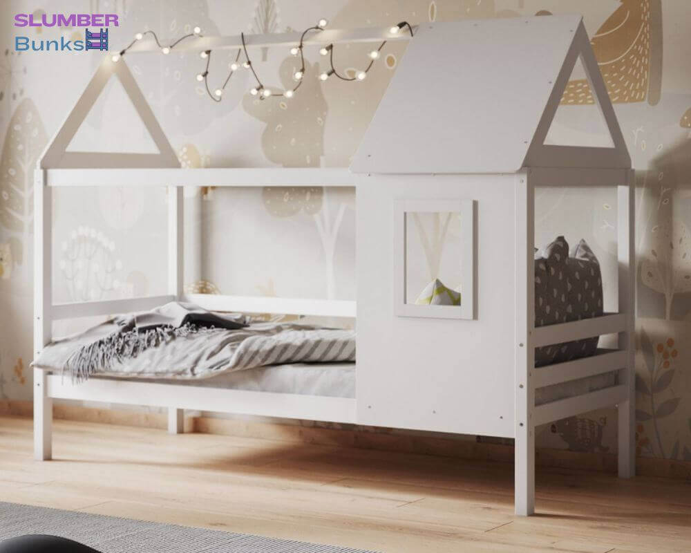 Front side view of a white treehouse bed - Bedroom setting