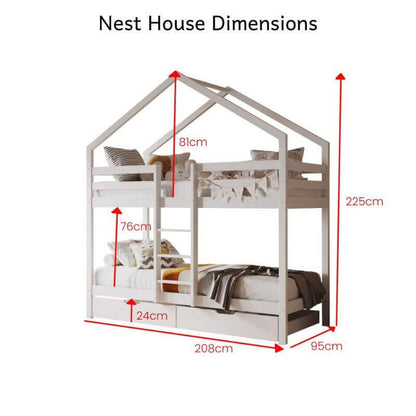 White Nest House Bunk Bed Size Dimensions - White Background