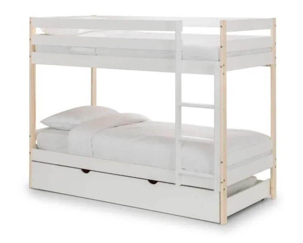 Front Side Angle View Nova Bunk Bed With Underbed Trundle - White Background