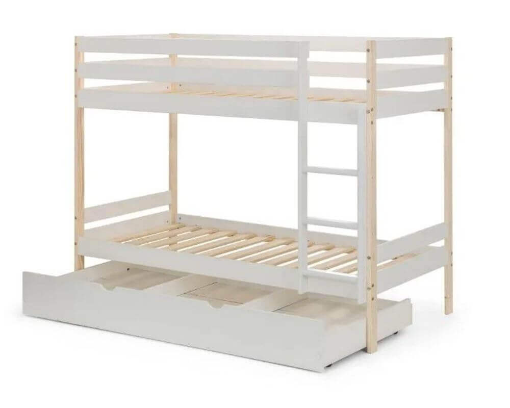 Front Side Angle View Nova Bunk Bed With Underbed Trundle Open - White Background