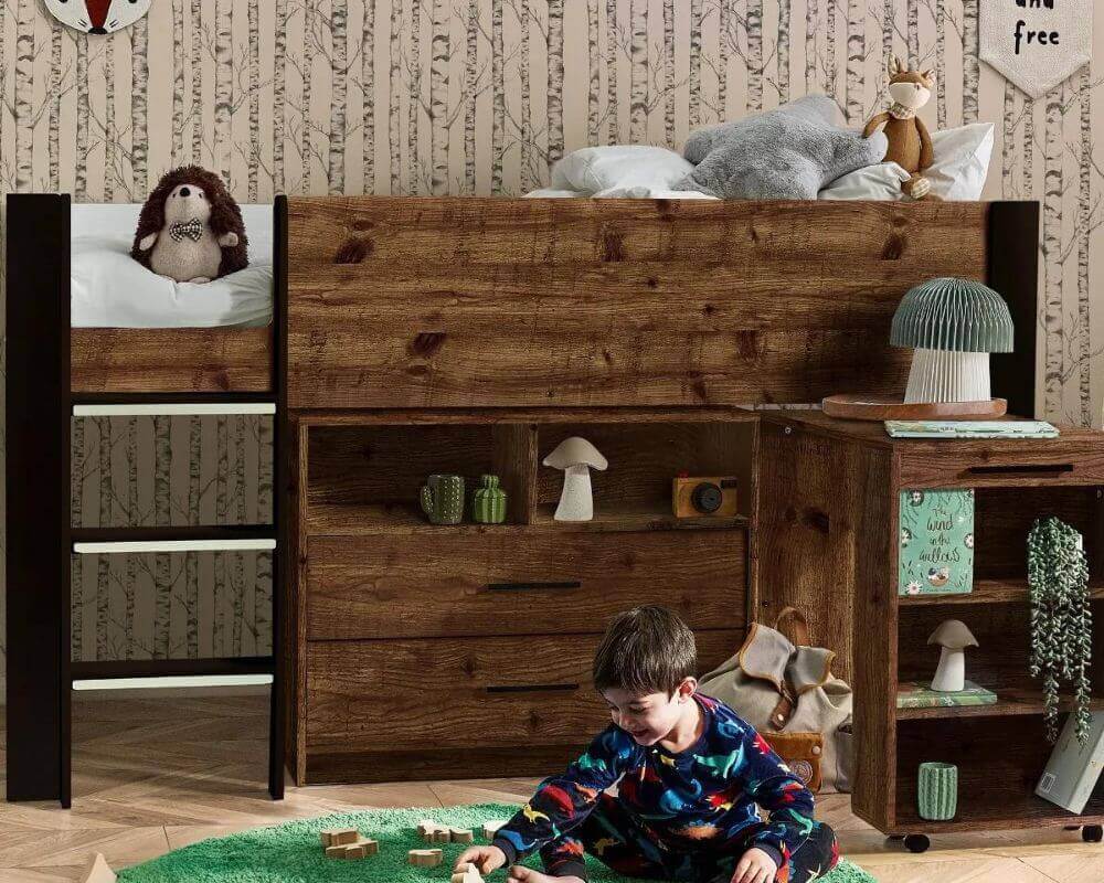 Front image of a rustic and black cabin bed - Bedroom setting background