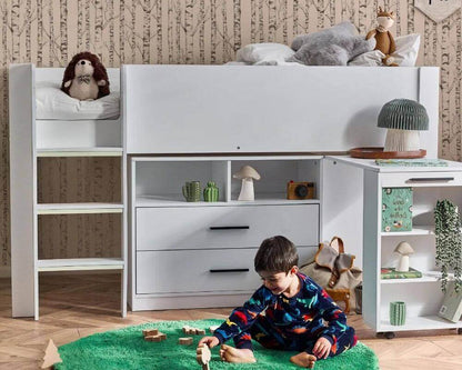 Image of a white cabin bed - Child playing on the floor - Bedroom Setting