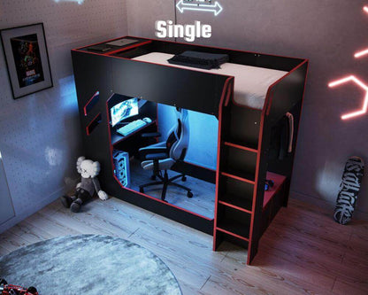 Recoil Wooden Storage Gaming Bed - Black - High View - Single