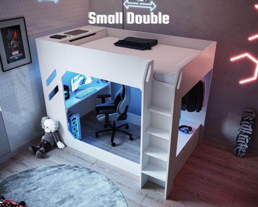 Recoil Wooden Storage Gaming Bed - White - High View - Small Double